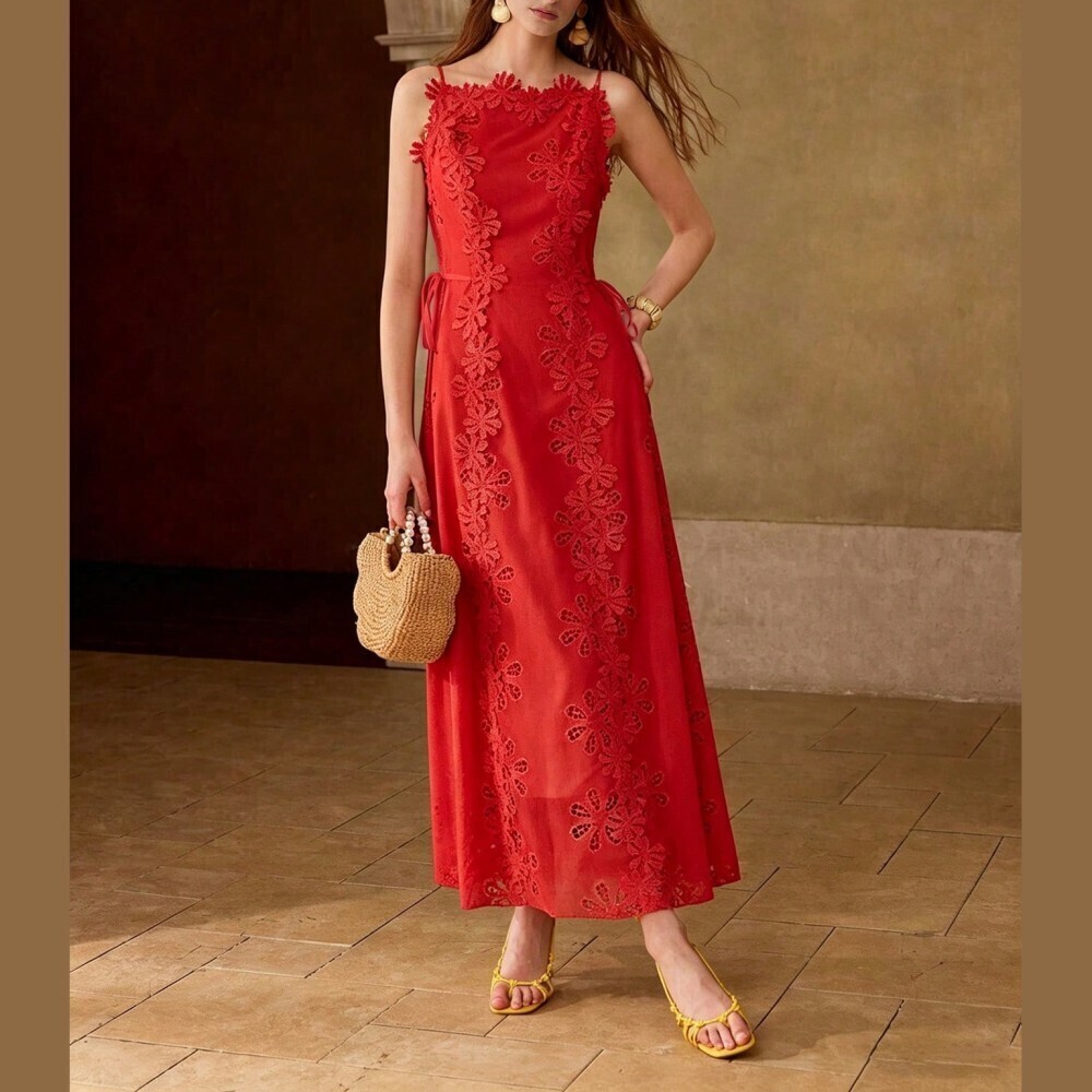 Red Floral Lace Applique Maxi Dress with Tie Waist - Picture 1 of 7